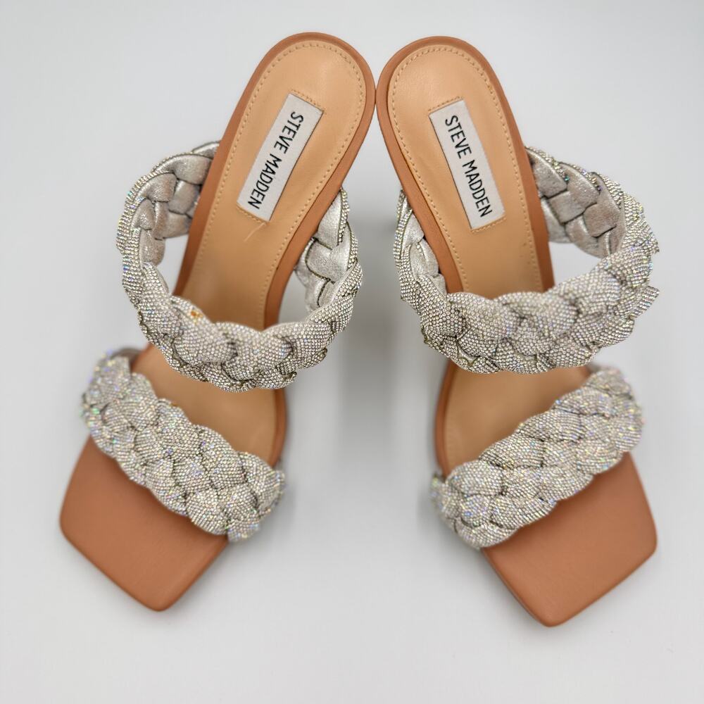 Steve Madden Kenley Silver Rhinestone Braided Double Strap Stiletto Mule Heel 10 - Picture 5 of 16